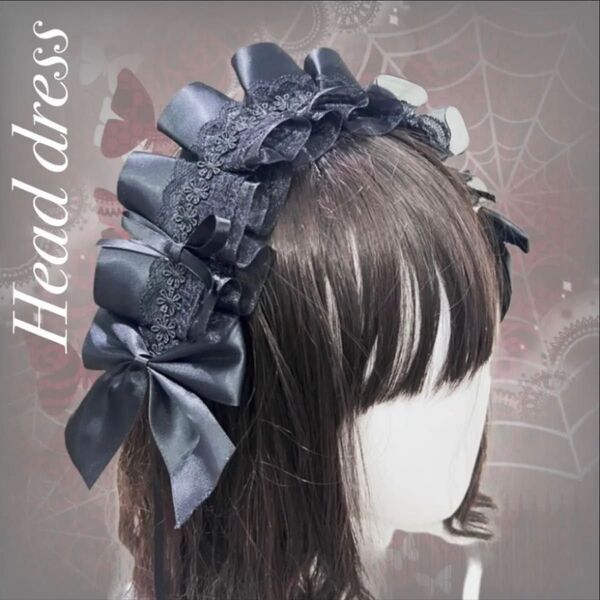 ヘアアクセサリー ブラック ヘッドドレス ロリータ レース カチューシャ ゴスロリ コスプレ フリル クリップ 髪飾り リボン 黒