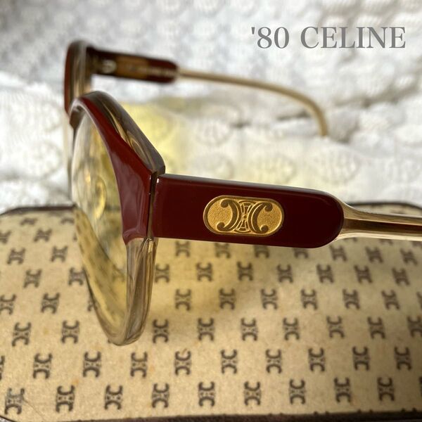 '80 CELINE バーガンディカラー ビッグフレーム サングラス ケース付き