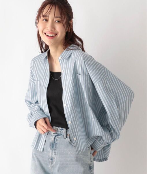 長袖ブラウス ブルー ストライプ ショート丈