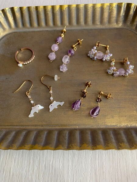 ハンドメイドピアスとリングの5点セット パール ピアス セット 両耳揃い アメジスト