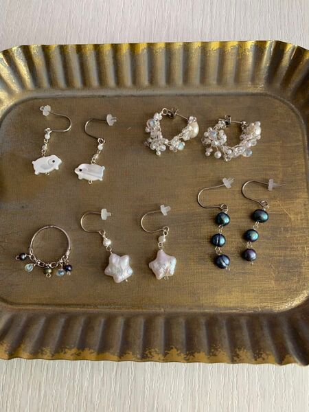 ハンドメイドピアスとリングの5点セット アクセサリー パール 両耳
