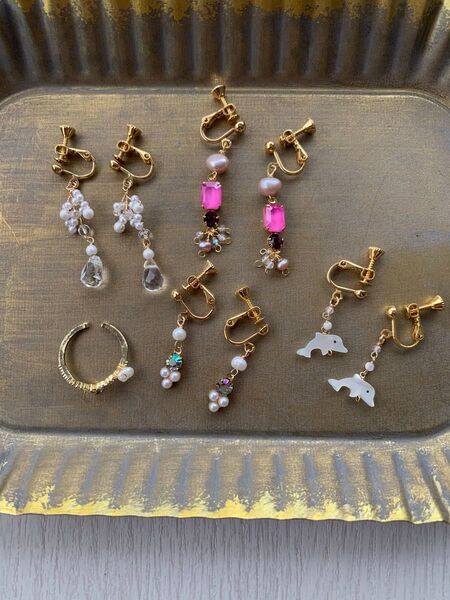 ハンドメイドイヤリングとリングの5点セット イヤリング ヴィンテージ アクセサリー 両耳揃い淡水パール水晶