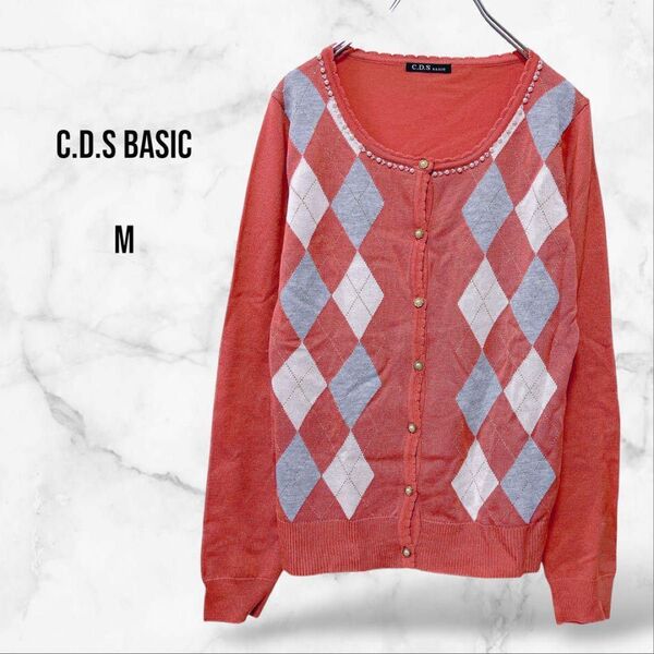 【C.D.S BASIC】長袖ニットカーディガン ビジュー アーガイルチェック 上品 総柄 薄手 羽織り レディース フェミニン