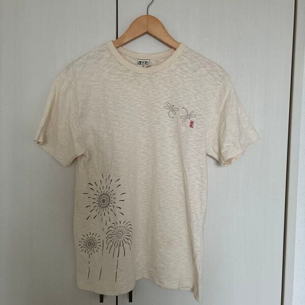 第三消 和柄 半袖 Tシャツ 花火 トンボ 刺繍 Mサイズ オフホワイト