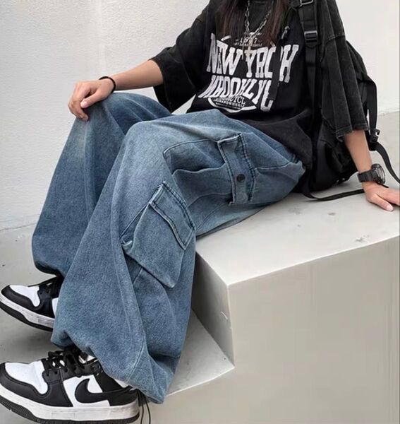 デニム カーゴパンツ ユニセックス ワイドパンツ サイドポケット ストリート