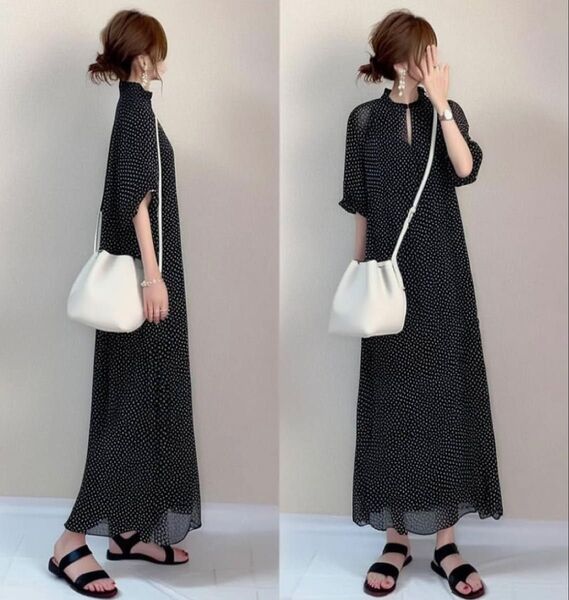 ドット キレカジ ロングワンピース シアー マキシ丈 ゆったり 着痩せ 総柄 大人可愛い きれいめ Aライン シフォン