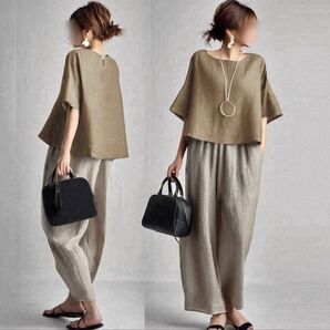 セットアップ ラウンドネック ハイウエスト 配色 体型カバー ギャザー 無地 夏 ワイドパンツ 通勤 オフィスカジュアル