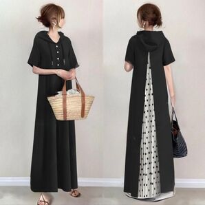 バックプリーツ パーカー マキシ丈 ワンピース ドット 切替え フード付 半袖 マキシワンピース 大人可愛い 体型カバー 黒