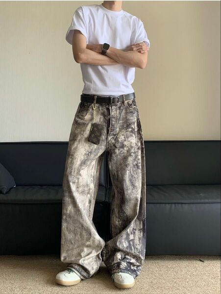 ワイドパンツ バギーパンツ ジーンズ カモフラ Y2K 韓国 ストリート 迷彩 ユニセックス ゆったり 体型カバー ゆるだぼ