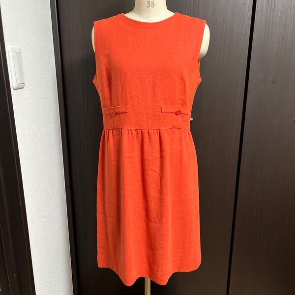 60s Chloe クロエ ノースリーブ ワンピース 40 オレンジ 麻 リネン ひざ丈