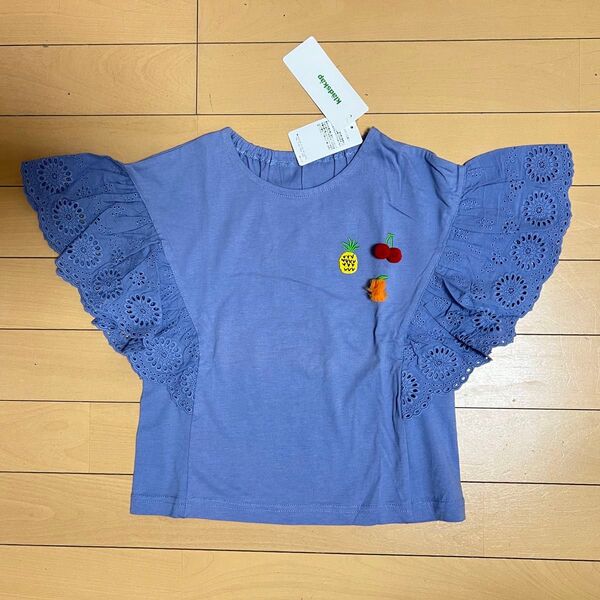 【新品】kladskapクレードスコープフルーツ刺繍肩フリルレース半袖Tシャツ110cmブルーパイナップルチェリーオレンジナルミヤ