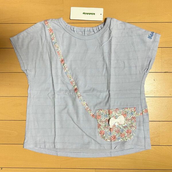 【新品】kladskapクレードスコープ花柄リボンポシェットTシャツ110cmブルー 半袖 トップス コットン100ナルミヤ女の子