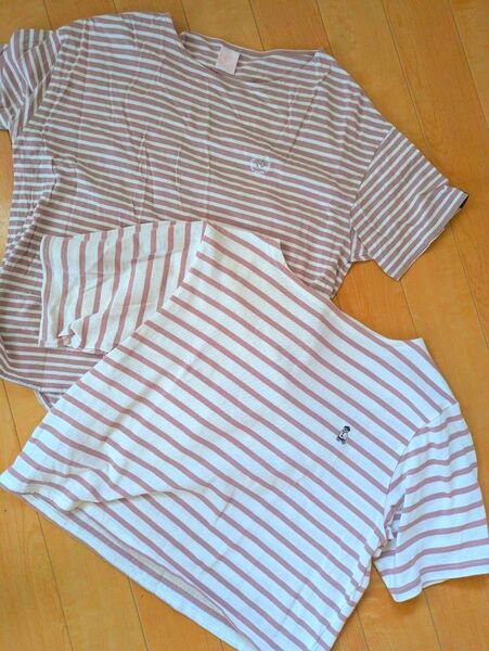 美品L 薄ピンクボーダー半袖Tシャツ 2枚セット しまむら シャンブル アベイル レディース talbyyumi