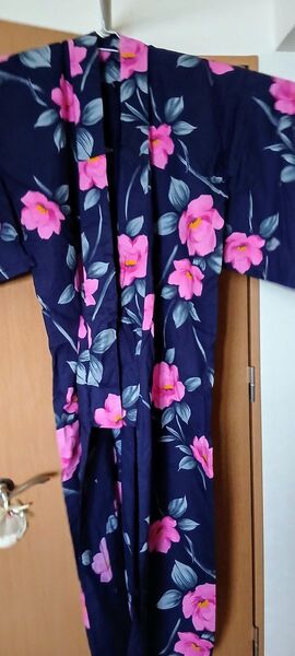 【大人用浴衣】紺 ネイビー 花 桃 ピンク 生地取り用 リメイク用 着用用