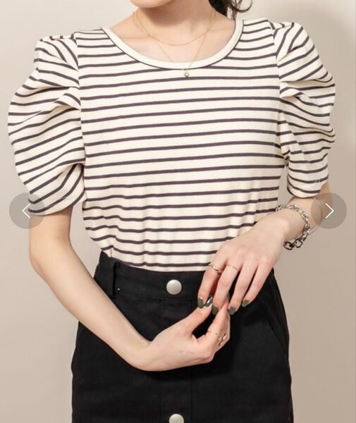 mline パワショルカットソー ボーダー 半袖 前後2way パフスリーブ スクエアネック Uネック レディーストップス