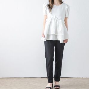 【未使用】レスペランス ペプラムプルオーバー 半袖 トップス 白 ジャガード レディース パフスリーブ ホワイト Tシャツ