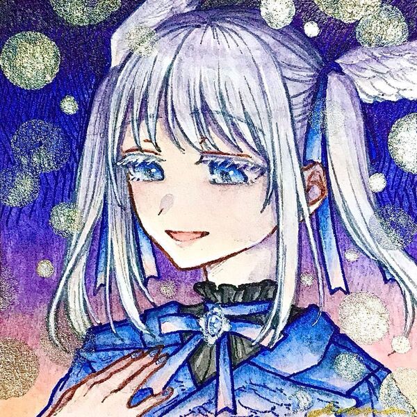 【額付き】-azur- 手描きイラスト オリジナル 原画 創作 天使 青 夜 女の子