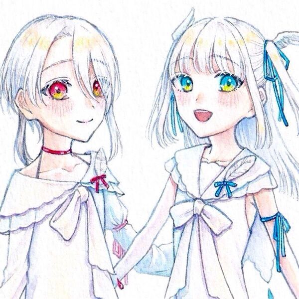 『パートナーコンビ!』 手描きイラスト オリジナル 原画 創作 天使 赤 青 白 立ち絵 全身 2人 水彩
