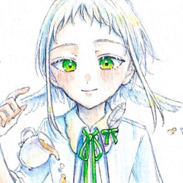 『ティータイム』手描きイラスト オリジナル 創作 原画 天使 ハーブ 紅茶 白 緑 全身 立ち絵