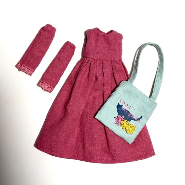 ハンドメイド ドール服 ワンピース アームカバー 斜め掛けバッグ 3点セット