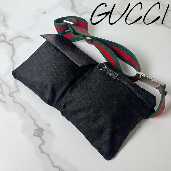 GUCCI グッチ ウエストポーチ ボディバッグ GGキャンバス シェリーライン 本革 レザー 黒 ブラック