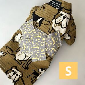ハンドメイド★犬浴衣☆男の子☆ドックストーリー☆イラスト☆茶☆グレー×黄色帯ハンドメイド★犬浴衣☆