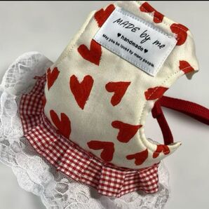 ハンドメイド★リードハーネス☆生成り赤ハート☆ギンガム赤レースフリルハンドメイド★犬浴衣☆