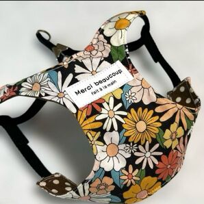 ハンドメイド★リードハーネス☆カラフルフラワー黒☆ブラウン水玉ハンドメイド★犬浴衣☆
