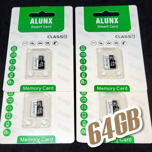 マイクロSD カード 64GB 4枚 microSD class10 ALUNX WHITE-BLACK 4個