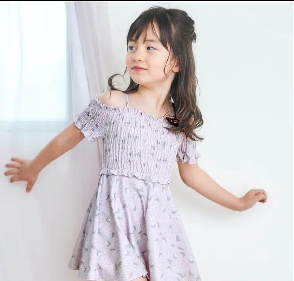 新品 アプレレクール すずらん柄シャーリングワンピース水着 110 パープル ワンピース 水着 スイムウェア 花柄