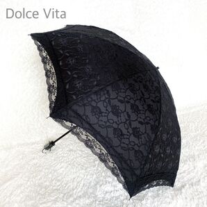 未使用級☆ドルチェビータ 晴雨兼用軽量折りたたみ傘 ブラック 黒 遮光 UV レース 日傘