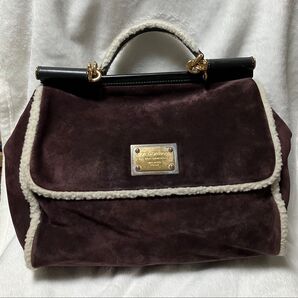 DOLCE&GABBANA シシリーハンドバッグ ボア スエード ブラウンパープル