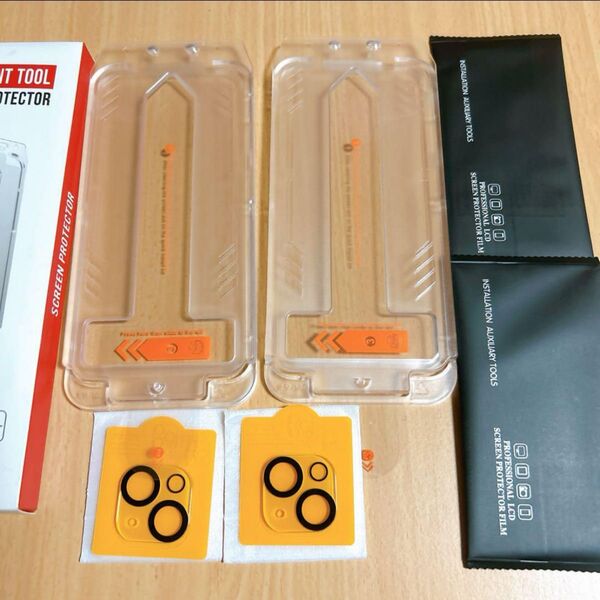 iPhone15 Plus用フィルム 2枚+カメラフィルム 2枚ガイド枠一体型