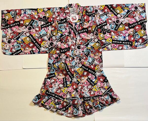 サンリオ ハローキティ50周年 甚平 大人用 歴代デザイン 総柄 ブラック セパレート 浴衣 レディース M-L 花火大会 夏祭り
