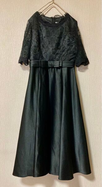 LACE LADIES フォーマルワンピース ローズ柄 レース リボン 結婚式 パーティ ブラック