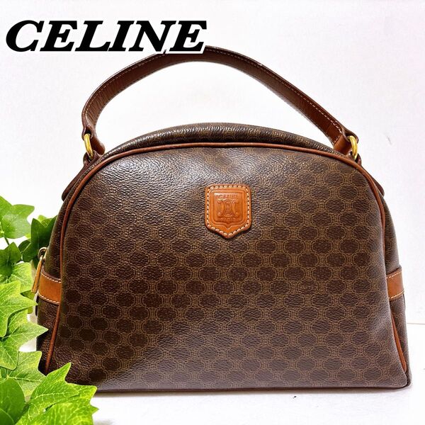 CELINE セリーヌ 三日月型ハンドバッグ マカダム柄 美品 本物保証 レザー PVC トートバッグ ヴィンテージ ブラウン