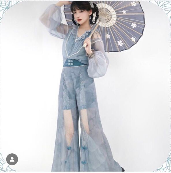 シアー系 パンツ セットアップ 中華ロリ チャイナ チャイナ服 ロリータ フリル 水色