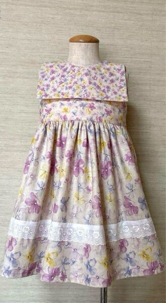 新品未使用 ハンドメイド ワンピース サイズ100 花柄 レース 女の子 ピンク 小花柄