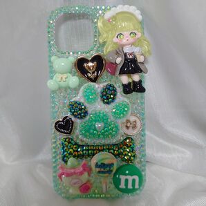 iPhone15リング付きデコケース(緑)
