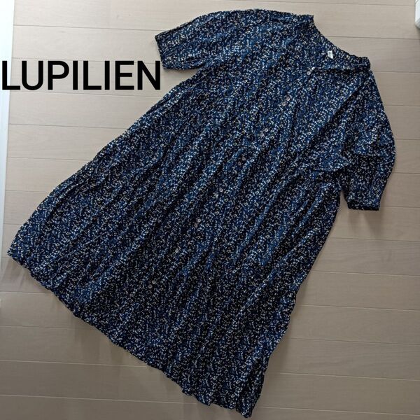 2067 LUPILIEN ルピリアン バンドカラー 五分袖 ロングワンピース ギャザーワンピース レーヨン100 ネイビー