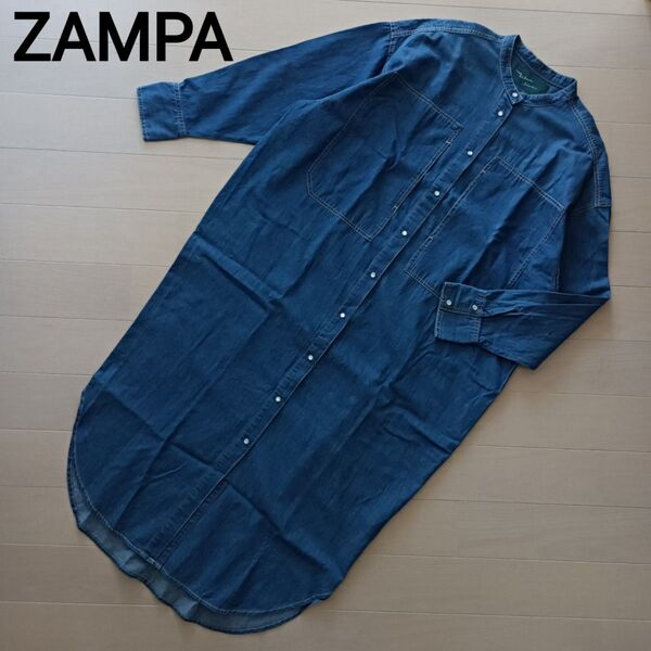 2103 ZAMPA z of zampa blue line ザンパ バンドカラー シャツワンピース ブルー コットン100