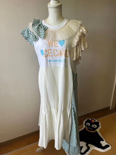 【1点物・古着リメイク】ギンガムチェックのアシンメトリーワンピース|レース×ナチュラルカラー