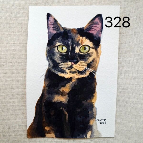 猫の絵 328 水彩画 原画 サビ猫 ポストカードサイズ