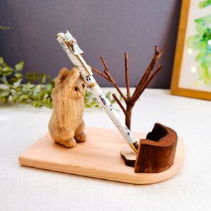 木彫り猫 269 ペン立て ハンドメイド 置物