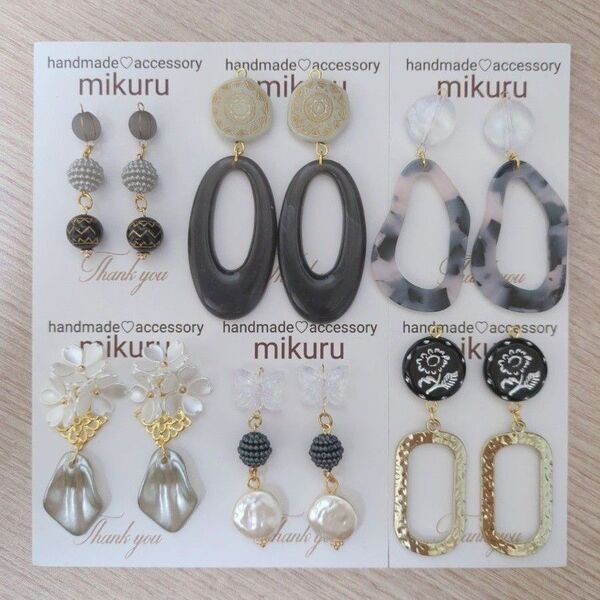 1点あたり123円 ハンドメイドピアス 6点セット 大人かわいい グレー ブラック系 金属ピアス 樹脂ピアス まとめ売り 人気