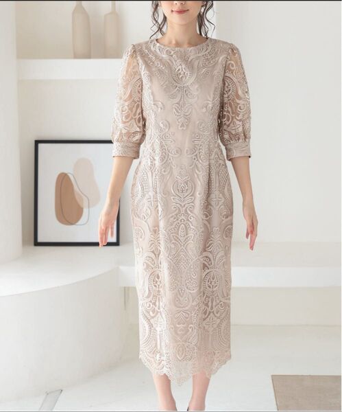 PREFERIR プレフェリール 刺繍レース バックリボンドレス結婚式 パーティー オケージョン タイトワンピース Lサイズ