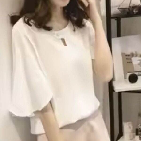 レディース セクシー シフォン フリルブラウス シャツ 半袖 ルーズ トップス 白 カットソー