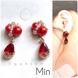 レッド系 ビジュー ピアス ハンドメイド イヤリング変更可