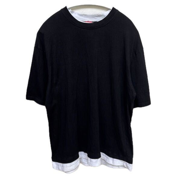 【NADASTUDIO】メンズ *半袖Tシャツ*重ね着風*クルーネック*L*ブラック×ホワイト*レイヤード