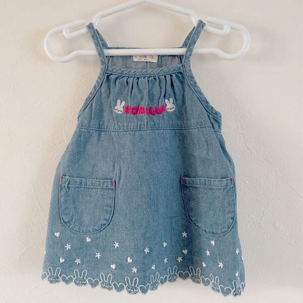 【80cm】ELFINDOLL MINI*デニム*キャミソール*ワンピース*ブルー*裾刺繍 *女の子*ノースリーブワンピース